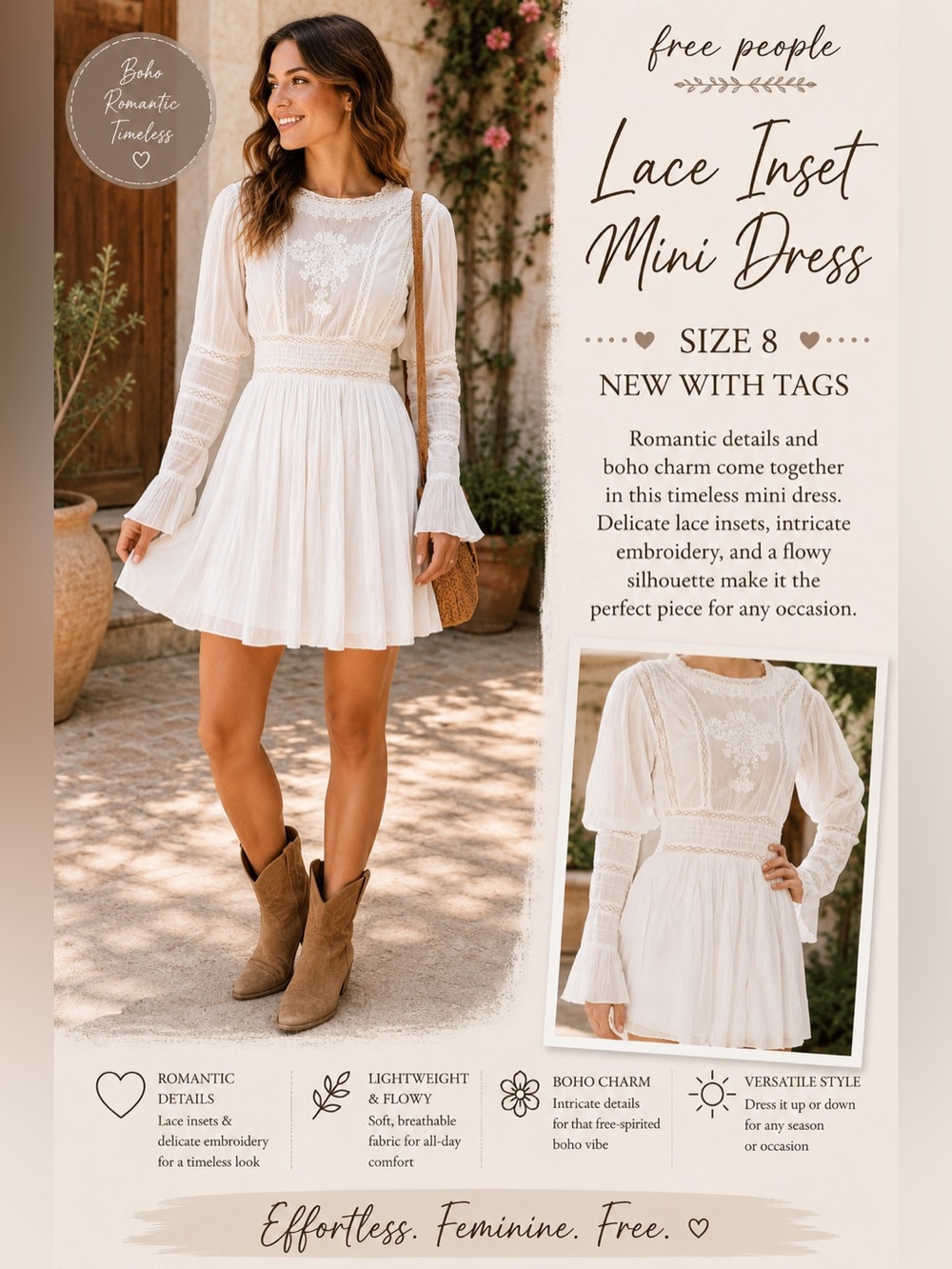 Free People Cream Embroidered Lace Inset Boho Mini Dress nwt size 8